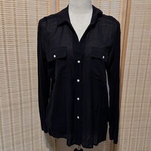 James Perse Long Sleeve Pocket Silk Blend Blouse Black Sz 2 Large See Through